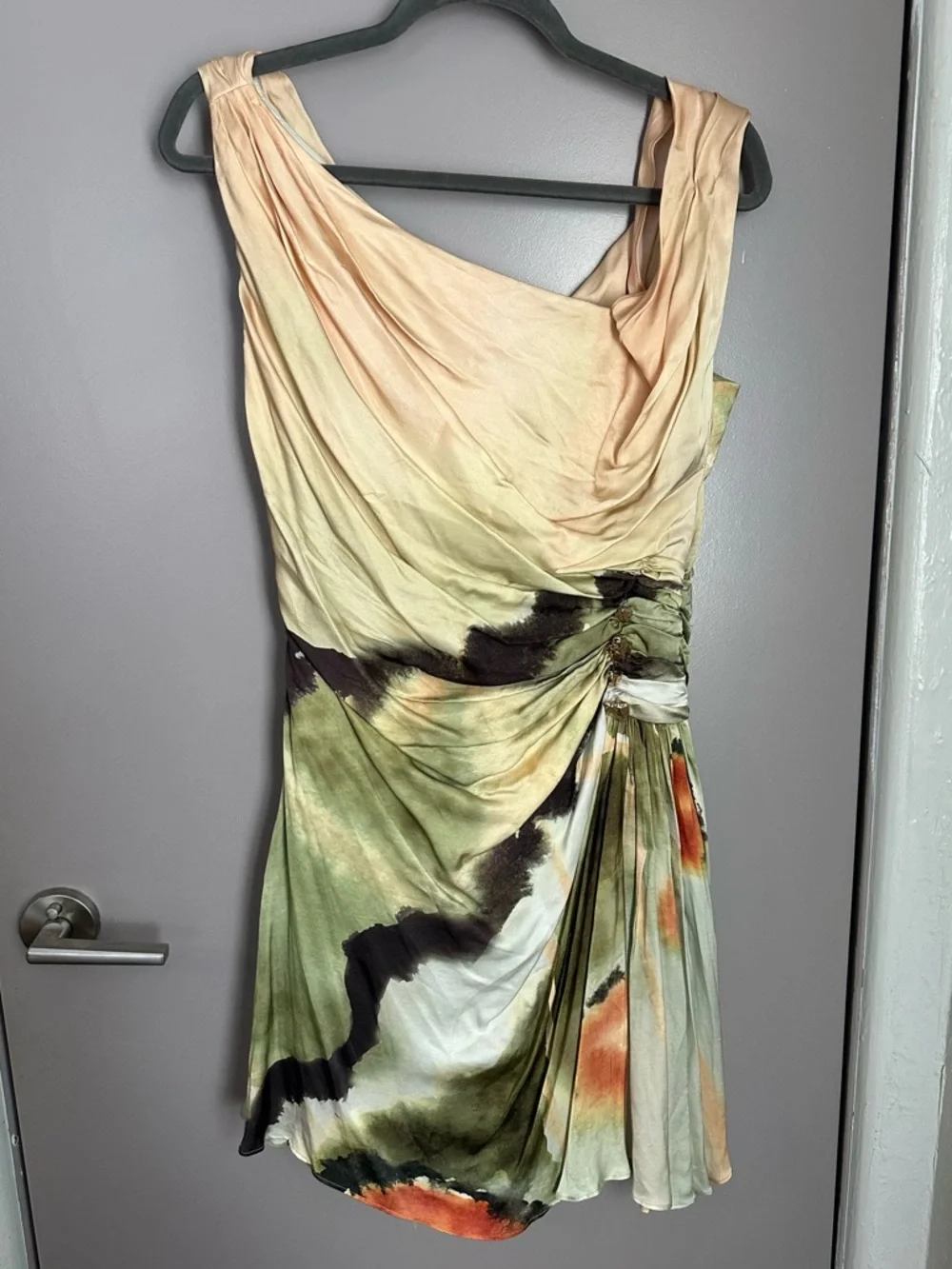 AMUR Beige, Olive & Black Watercolor Cowl Mini Dress - Picture 5 of 8
